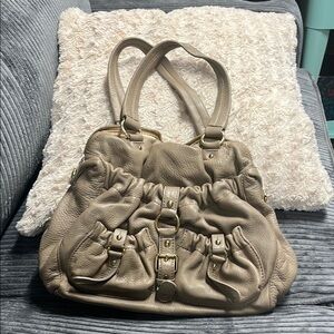 Taupe Leather Handbag with Buckle Accents